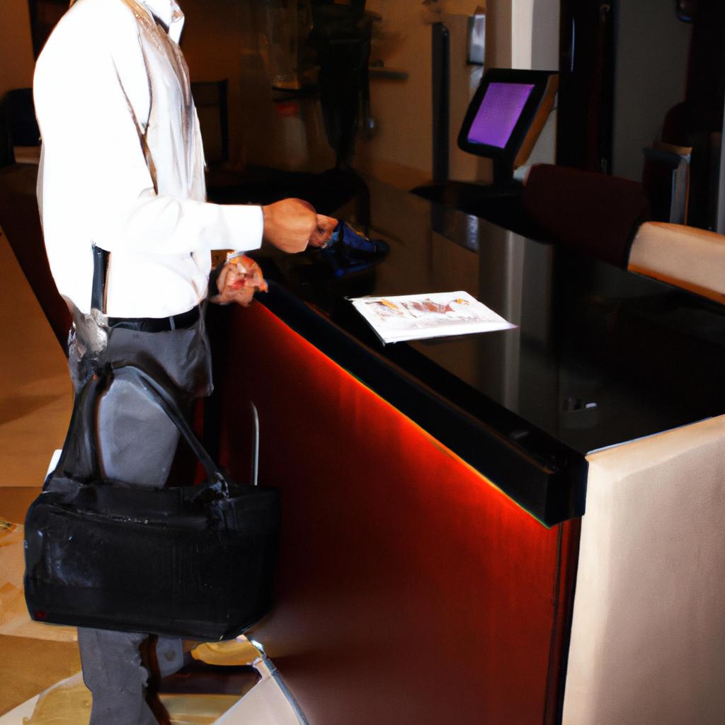 Man checking into hotel lobby